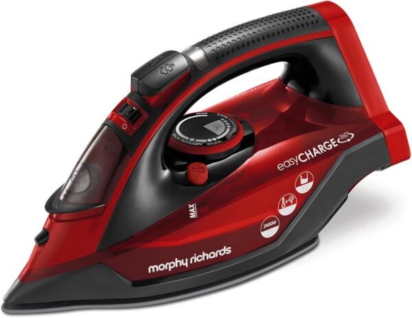 Morphy Richards EasyCHARGE Cordless Steam Iron, Non Stick Ceramic Soleplate, 130g Boost, 30g Output, 350ml Water Tank, Anti Drip and Scale, Auto Shut-off, 2.5m Cord, 2400W, Red
